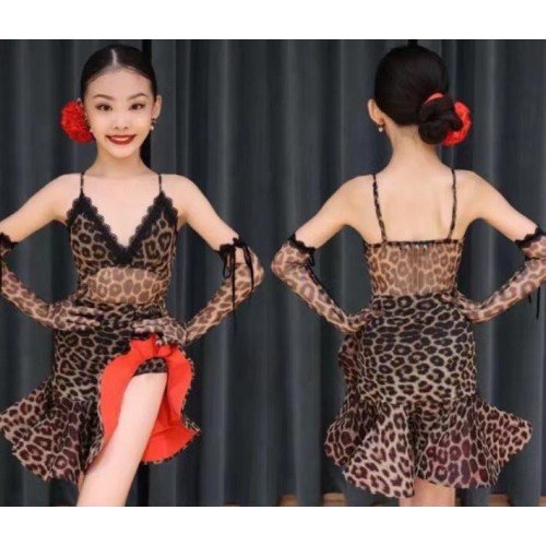 Girls kids red with leopard latin dance dresses side slit ruffles ballroom salsa rumba chacha latin performance costumes for children